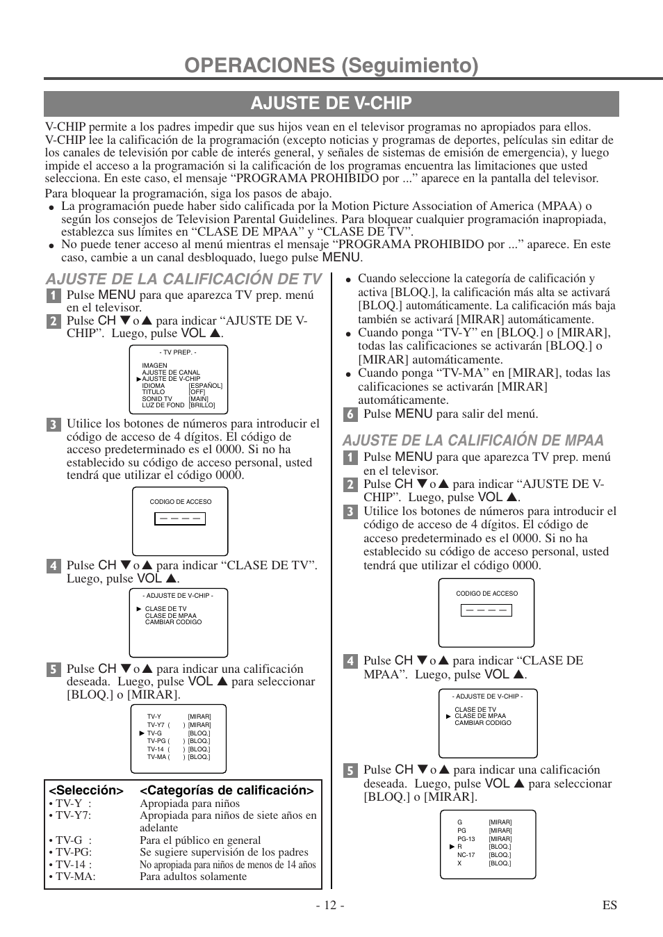 Operaciones (seguimiento), Ajuste de v-chip, Ajuste de la calificación de tv | Ajuste de la calificaión de mpaa | FUNAI F20LCTE-A User Manual | Page 28 / 48