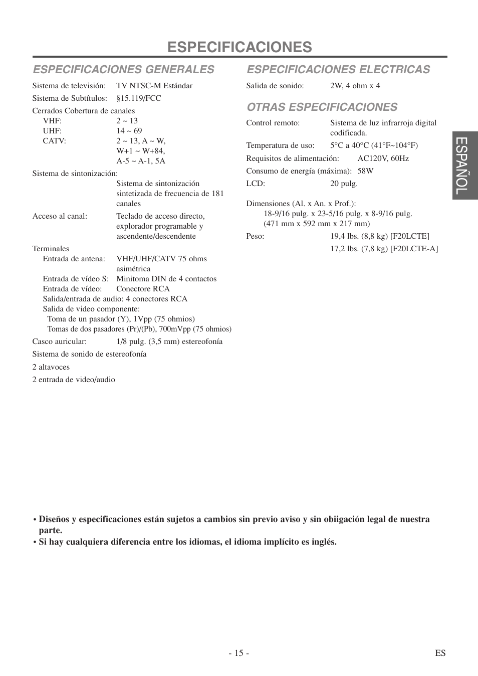 Especificaciones, Esp añol, Especificaciones generales | Especificaciones electricas, Otras especificaciones | FUNAI F20LCTE-A User Manual | Page 31 / 48