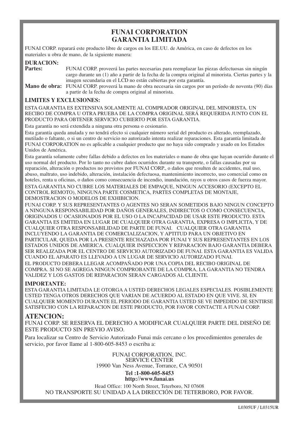 Funai corporation garantia limitada, Atencion | FUNAI F20LCTE-A User Manual | Page 32 / 48