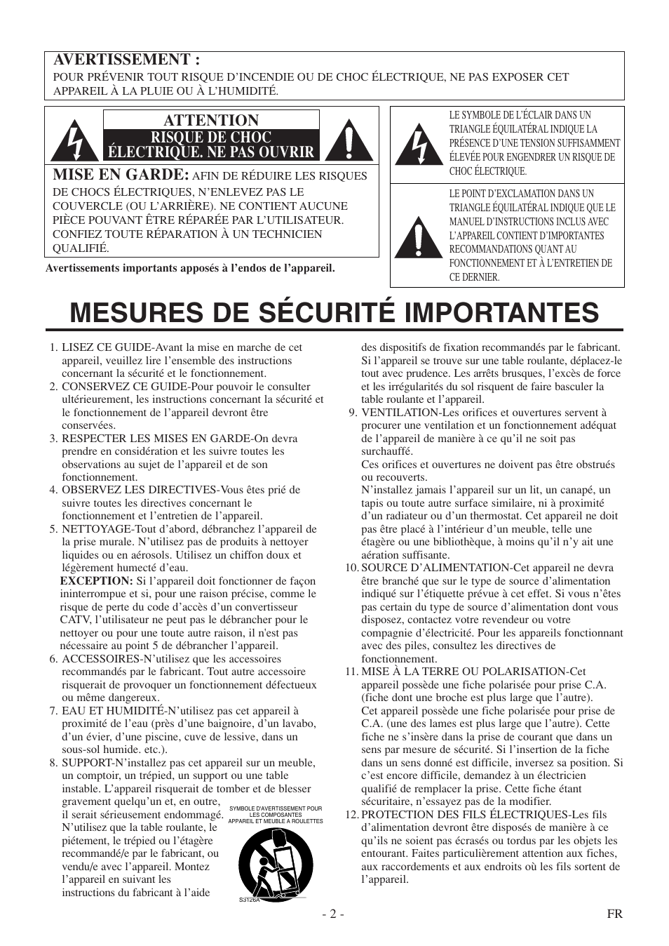 Mesures de sécurité importantes, Avertissement, Mise en garde | Attention risque de choc électrique. ne pas ouvrir | FUNAI F20LCTE-A User Manual | Page 34 / 48