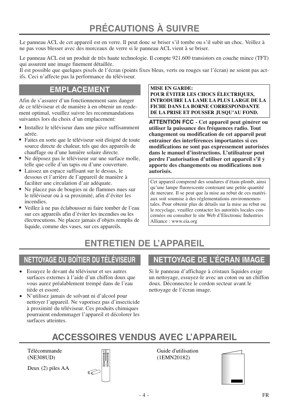 Précautions à suivre, Emplacement, Nettoyage du boítier du téléviseur | Nettoyage de l’écran image, 4 - fr | FUNAI F20LCTE-A User Manual | Page 36 / 48
