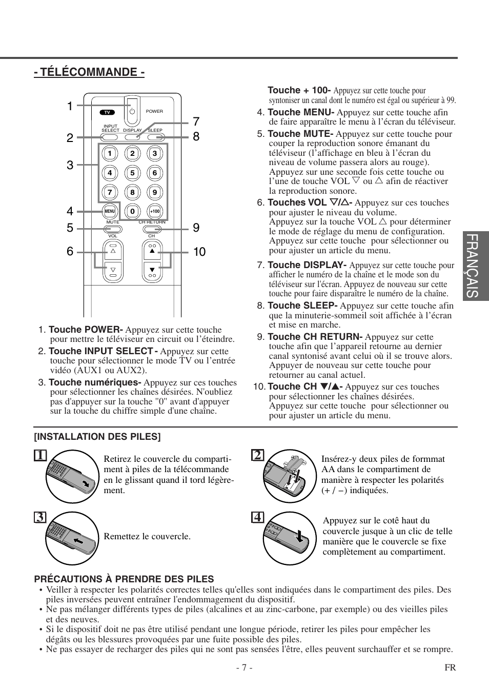 Français, Télécommande | FUNAI F20LCTE-A User Manual | Page 39 / 48