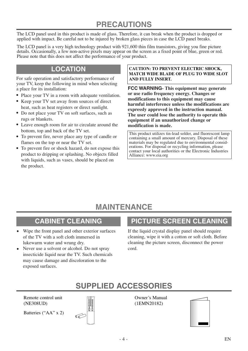 Precautions, Maintenance supplied accessories, Location | Cabinet cleaning, Picture screen cleaning, 4 - en, Place your tv in a room with adequate ventilation | FUNAI F20LCTE-A User Manual | Page 4 / 48