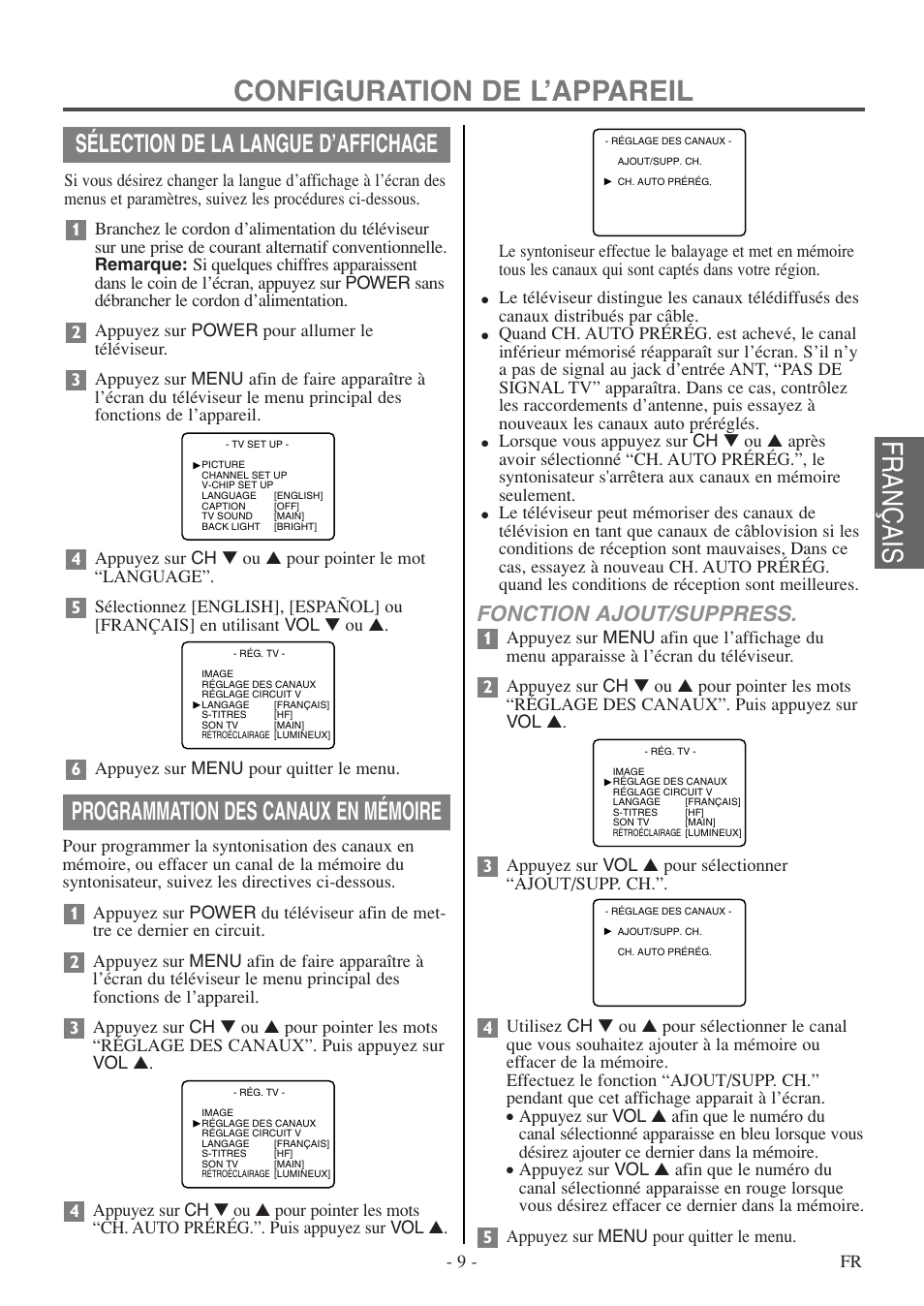 Configuration de l’appareil, Français, Fonction ajout/suppress | FUNAI F20LCTE-A User Manual | Page 41 / 48