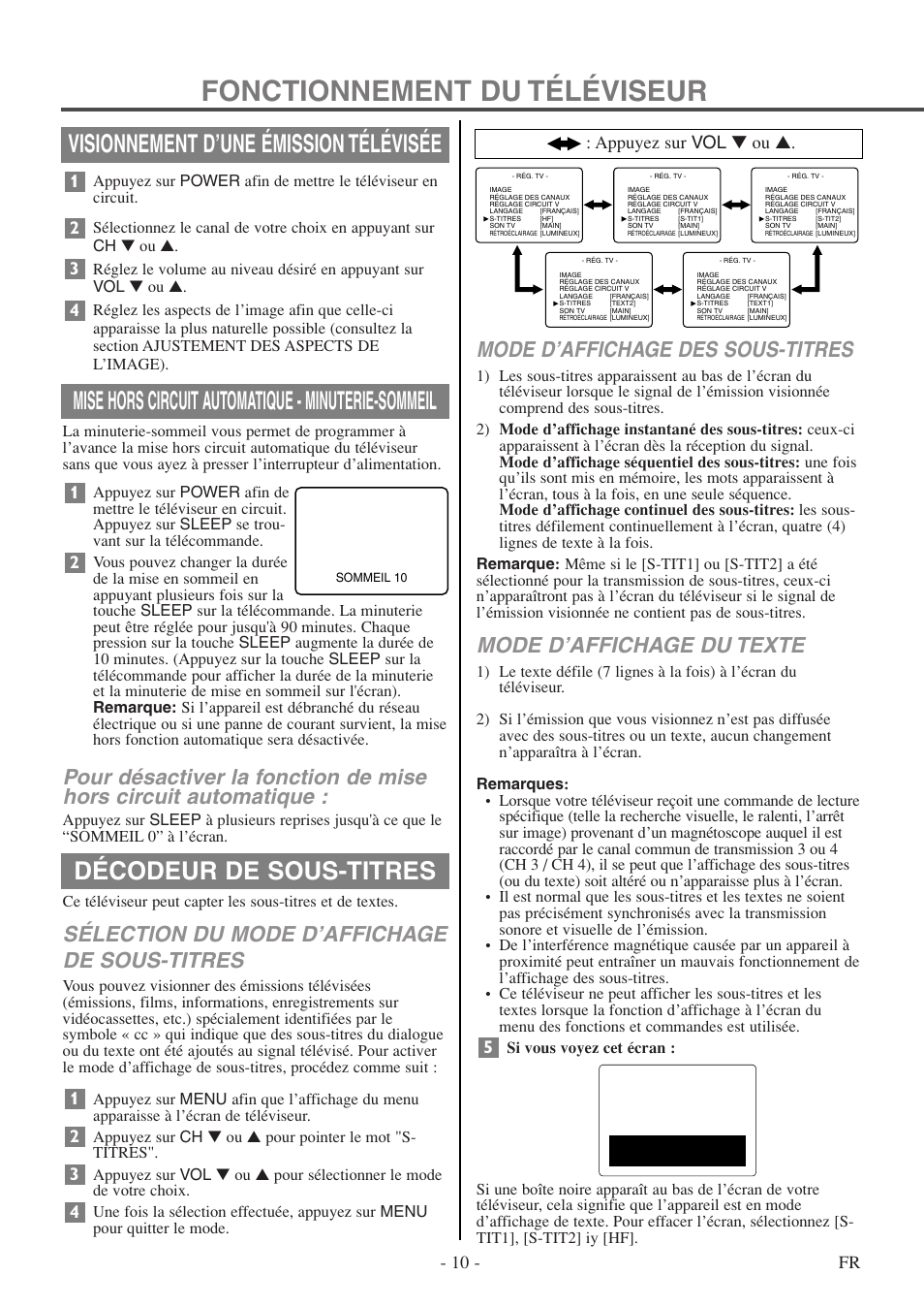 Fonctionnement du téléviseur, Visionnement d’une émission télévisée, Mode d’affichage des sous-titres | Mode d’affichage du texte, Sélection du mode d’affichage de sous-titres, 21 - 10 - fr, Appuyez sur vol ▼ ou | FUNAI F20LCTE-A User Manual | Page 42 / 48