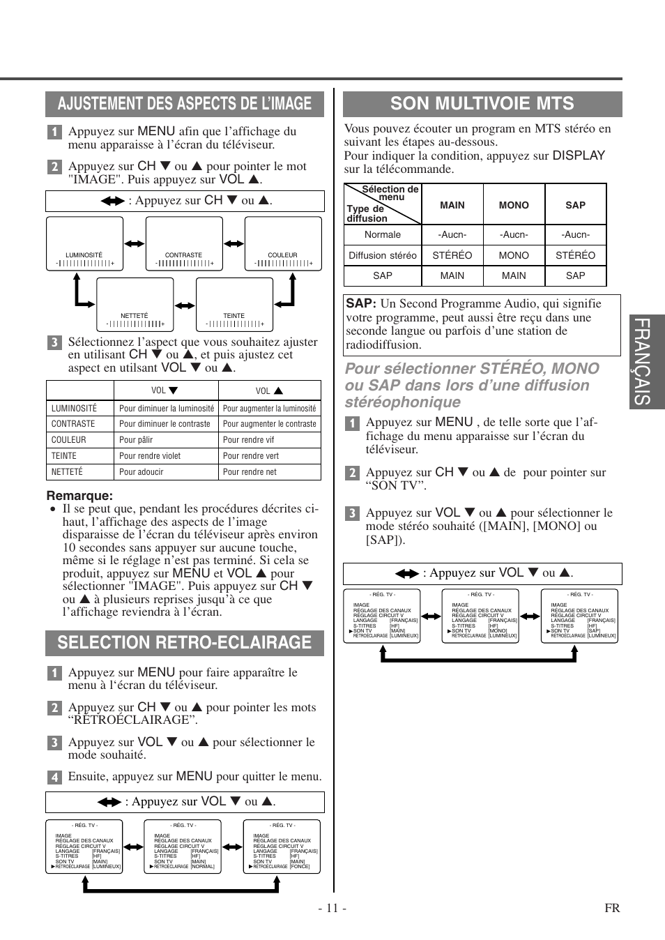 Français, Selection retro-eclairage, Appuyez sur vol ▼ ou | Appuyez sur ch ▼ ou | FUNAI F20LCTE-A User Manual | Page 43 / 48