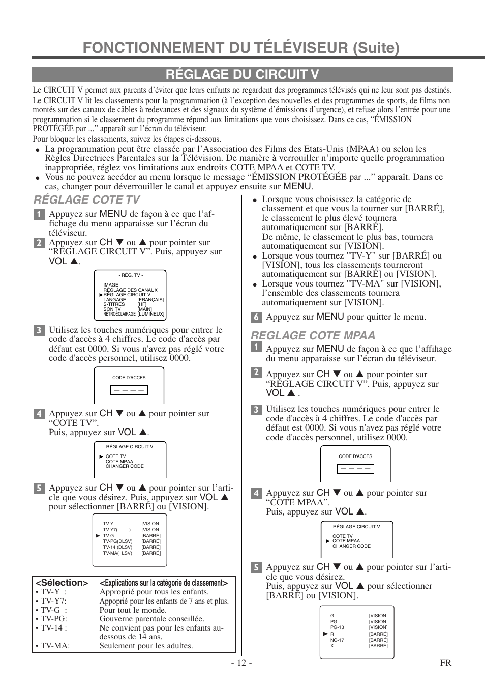 Fonctionnement du téléviseur (suite), Réglage du circuit v, Réglage cote tv | Reglage cote mpaa, 12 - fr | FUNAI F20LCTE-A User Manual | Page 44 / 48