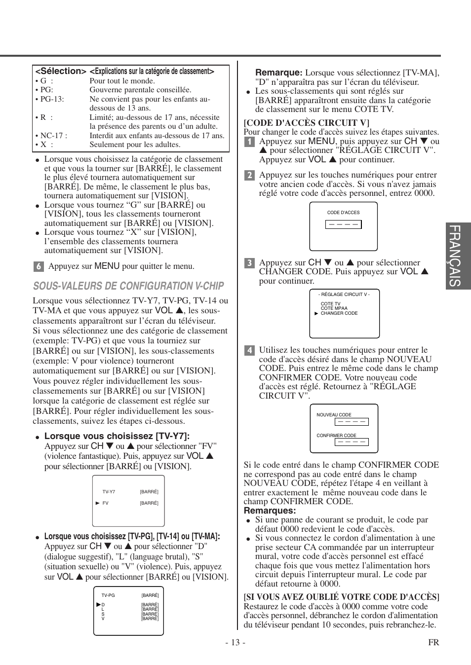 Français, Sous-valeurs de configuration v-chip | FUNAI F20LCTE-A User Manual | Page 45 / 48