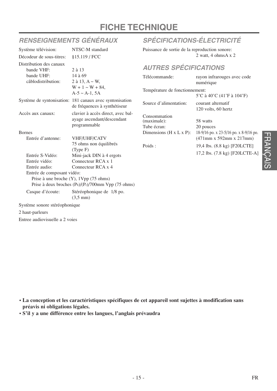 Fiche technique, Français, Renseignements généraux | Spécifications-électricité, Autres spécifications | FUNAI F20LCTE-A User Manual | Page 47 / 48