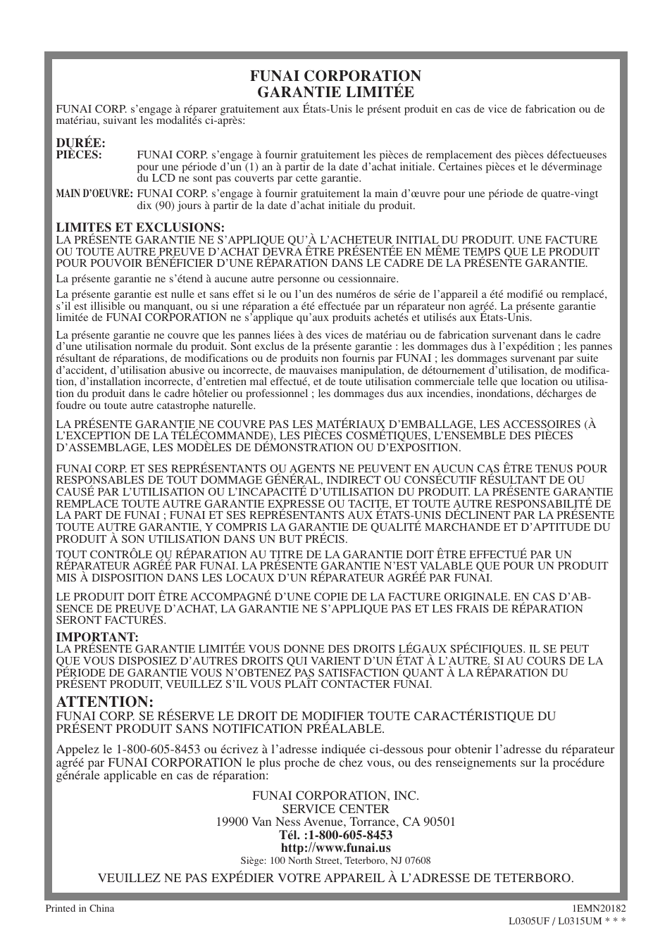 Funai corporation garantie limitée, Attention | FUNAI F20LCTE-A User Manual | Page 48 / 48