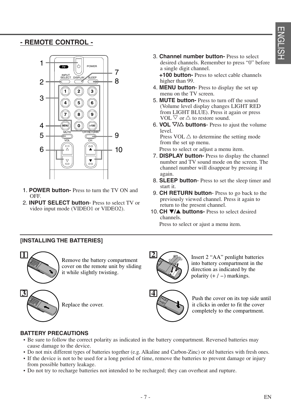 English, Remote control | FUNAI F20LCTE-A User Manual | Page 7 / 48