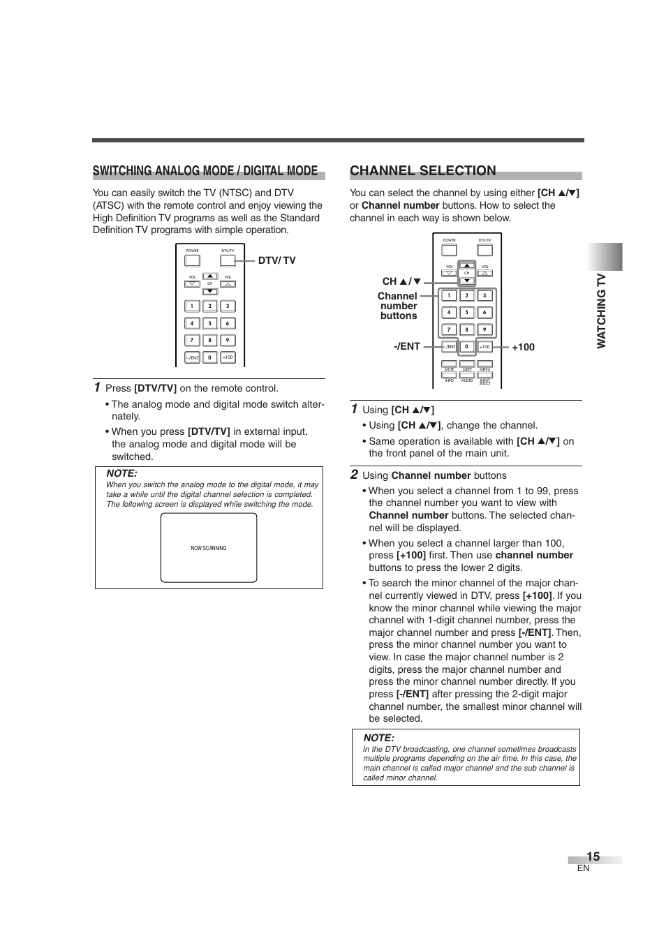 Switching analog mode / digital mode, Channel selection, Wa t ching tv | Dtv/ tv, Ent channel number buttons ch k / l +100 | FUNAI IWF2706 User Manual | Page 15 / 76