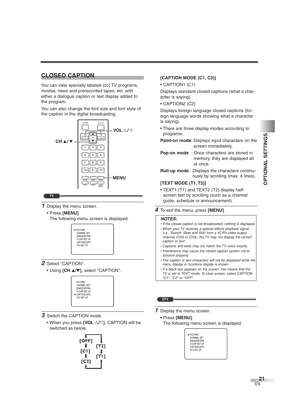 Closed caption, Optional settings | FUNAI IWF2706 User Manual | Page 21 / 76