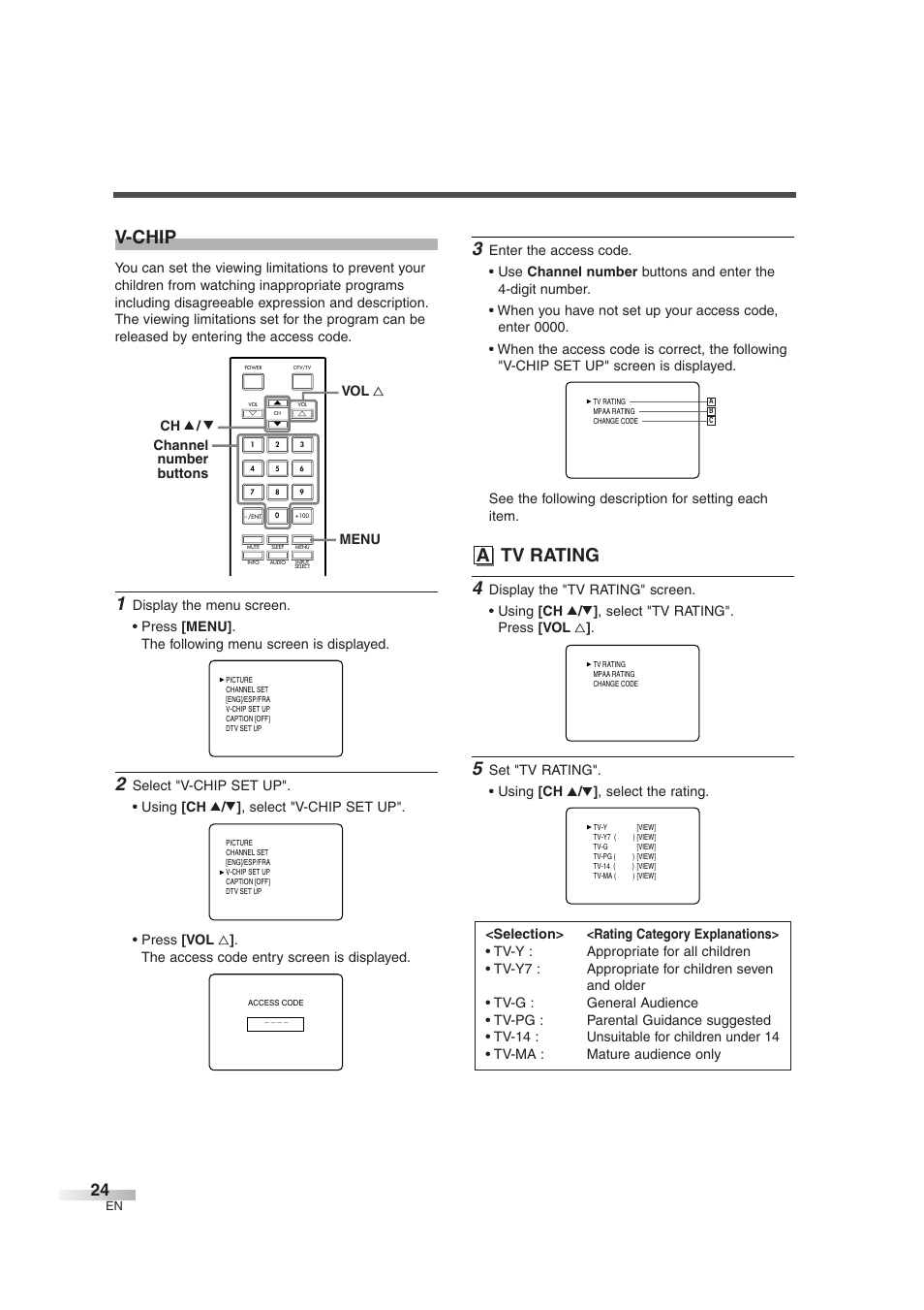 V-chip, A tv rating | FUNAI IWF2706 User Manual | Page 24 / 76