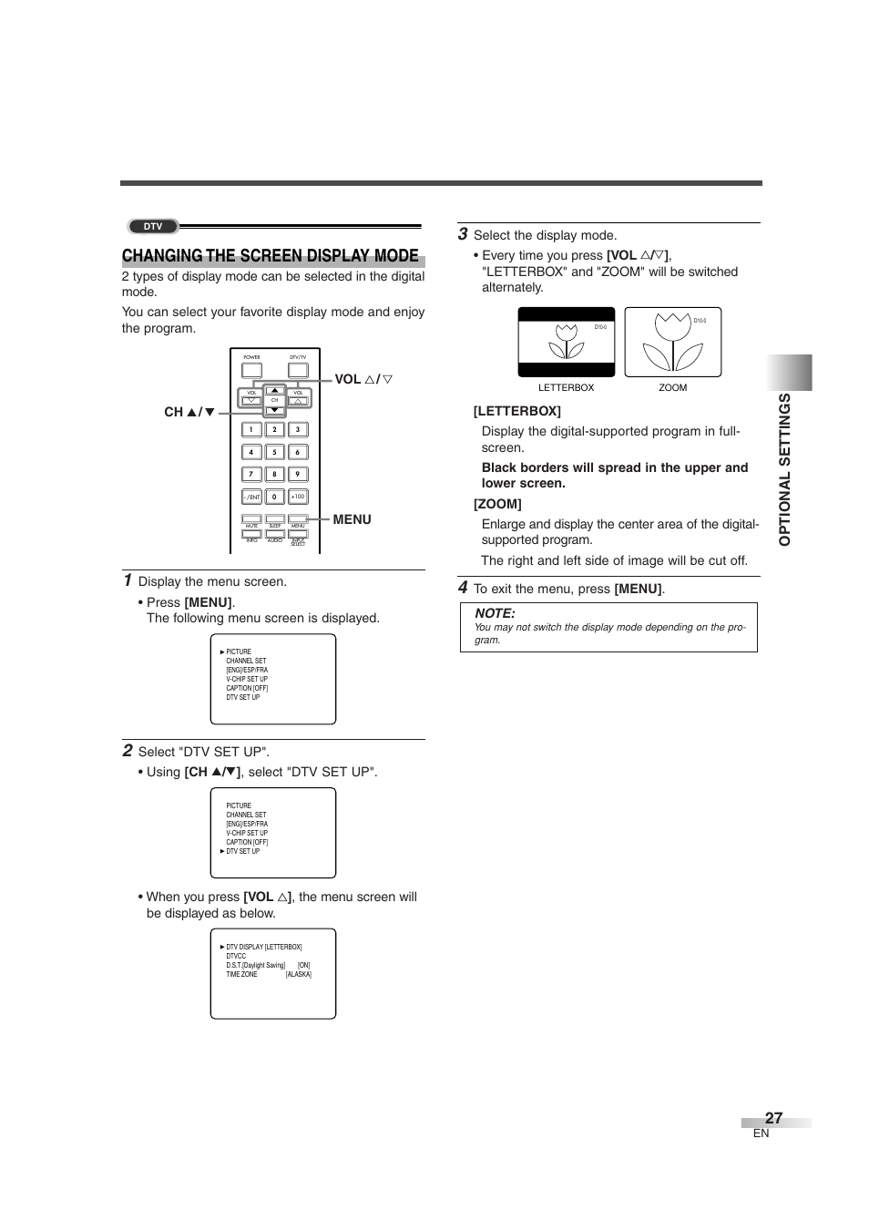 Changing the screen display mode, Optional settings, Menu ch k / l vol x / y | FUNAI IWF2706 User Manual | Page 27 / 76