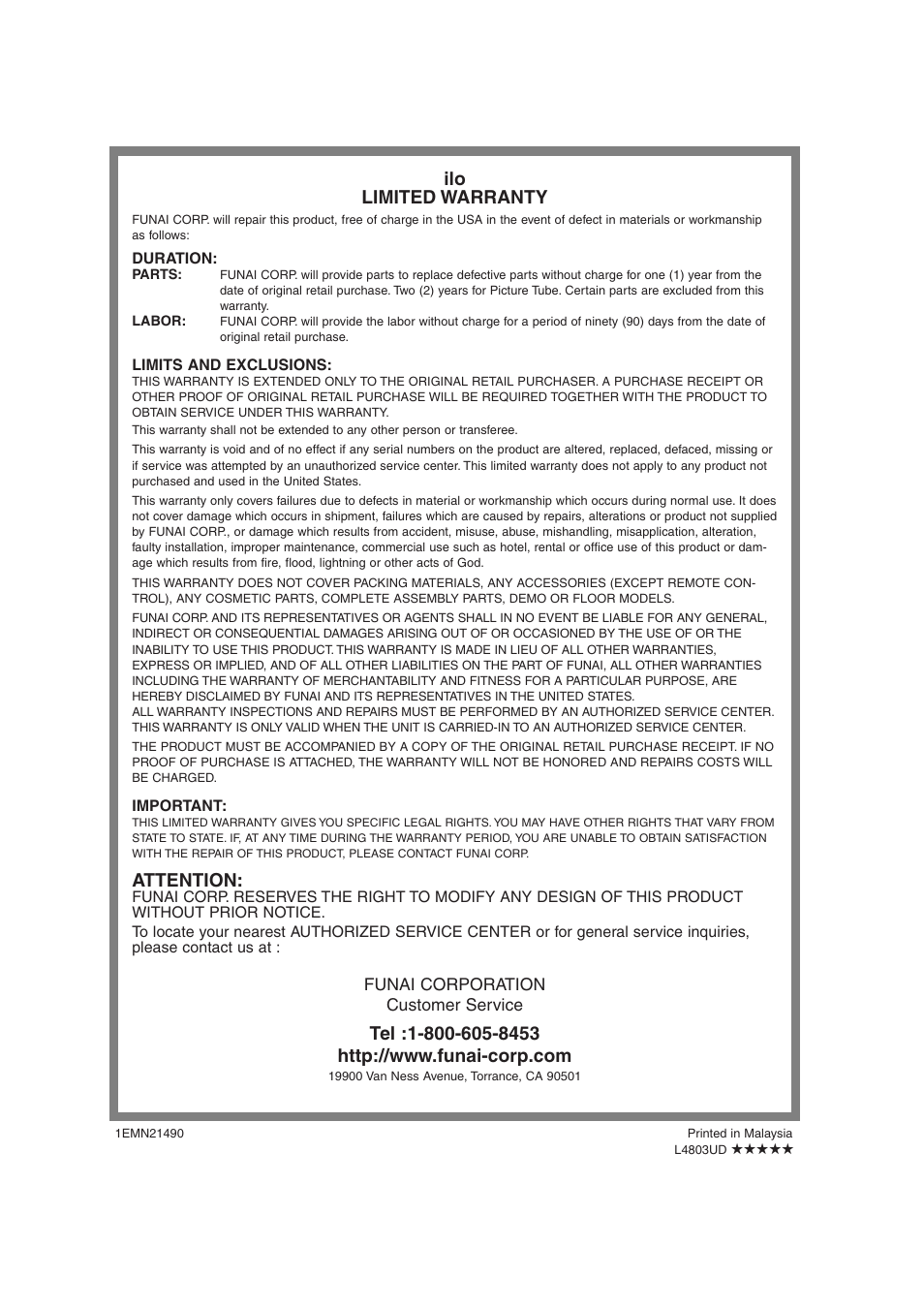 Ilo limited warranty, Attention | FUNAI IWF2706 User Manual | Page 38 / 76