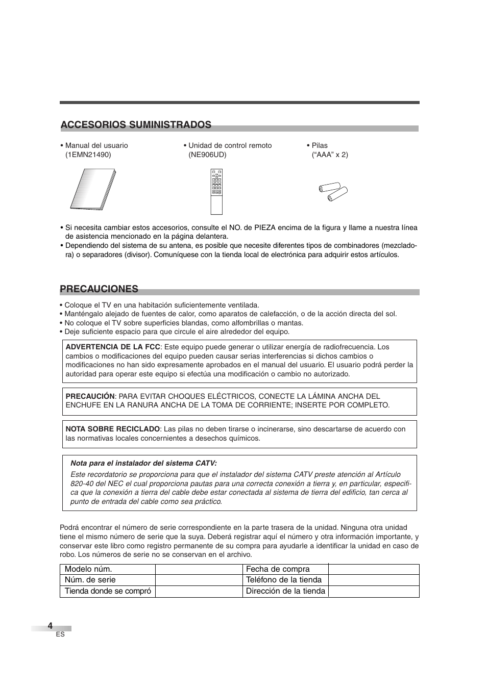 Precauciones, Accesorios suministrados | FUNAI IWF2706 User Manual | Page 42 / 76