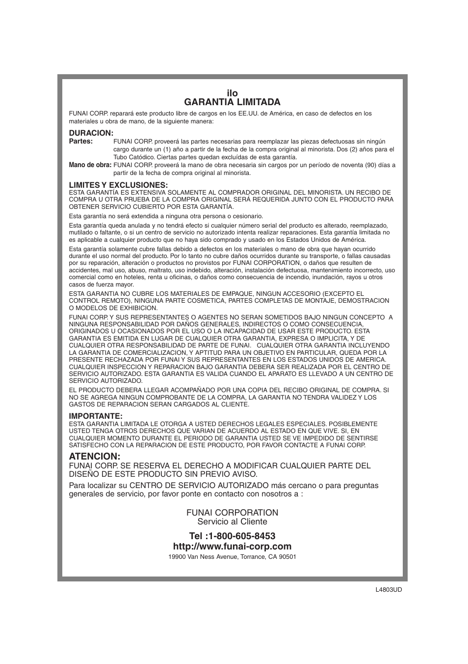 Ilo garantia limitada, Atencion | FUNAI IWF2706 User Manual | Page 76 / 76