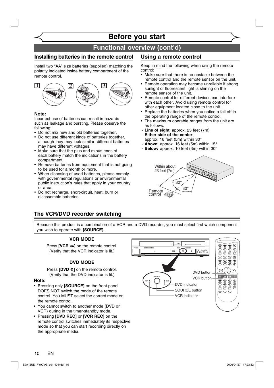 Before you start, Functional overview (cont’d), Using a remote control | Installing batteries in the remote control, The vcr/dvd recorder switching, 10 en, Vcr mode dvd mode | FUNAI PY90VG User Manual | Page 10 / 90