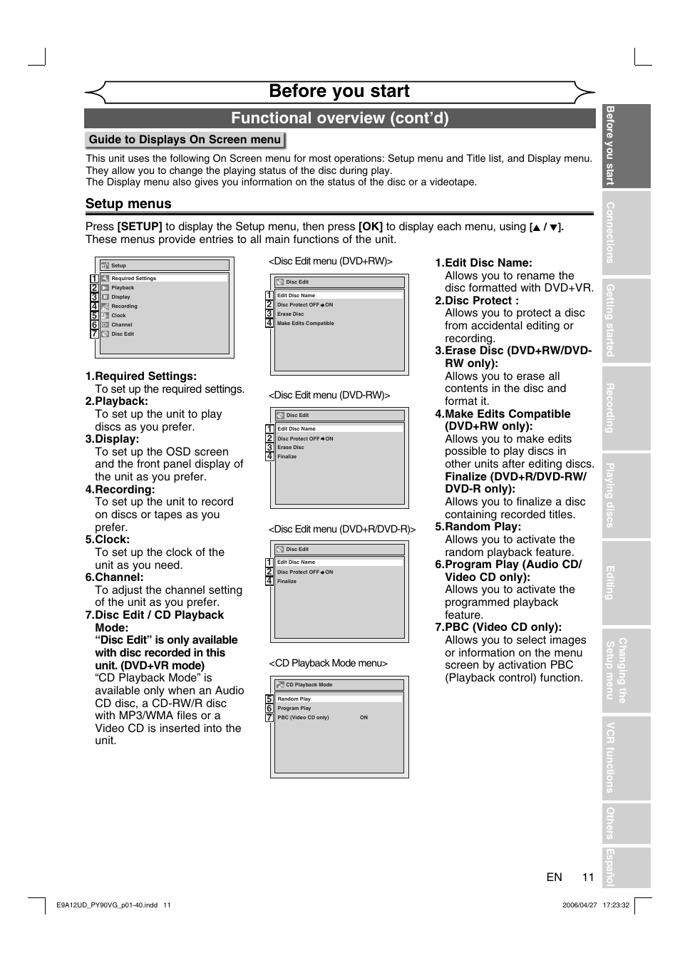 Before you start, Functional overview (cont’d), Setup menus | FUNAI PY90VG User Manual | Page 11 / 90