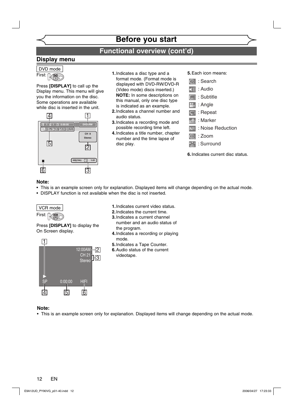 Before you start, Functional overview (cont’d), Display menu | FUNAI PY90VG User Manual | Page 12 / 90