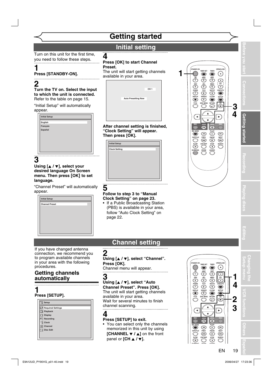 Getting started, Initial setting, Channel setting | Getting channels automatically, Press [standby-on, Press [setup | FUNAI PY90VG User Manual | Page 19 / 90