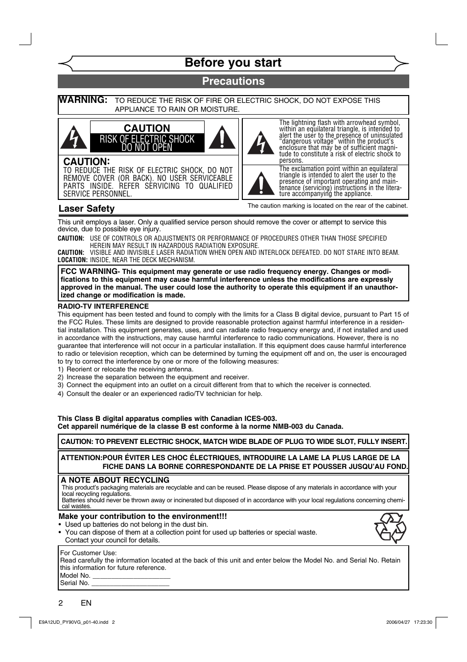Before you start, Precautions, Caution | Caution risk of electric shock do not open, Laser safety, Warning | FUNAI PY90VG User Manual | Page 2 / 90