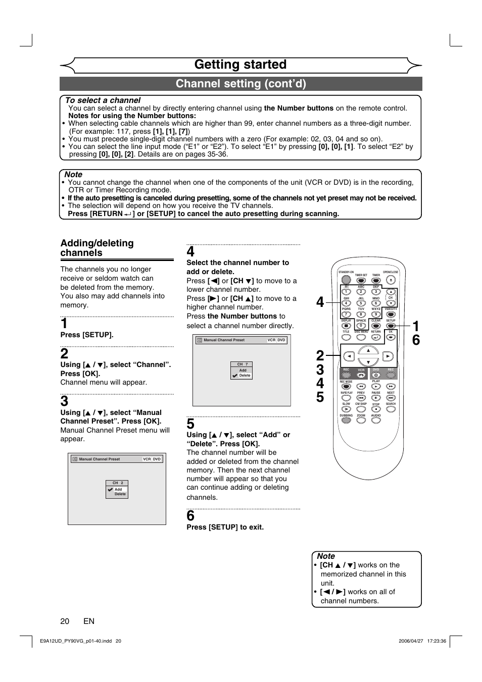 Getting started, Channel setting (cont’d), Adding/deleting channels | 20 en | FUNAI PY90VG User Manual | Page 20 / 90