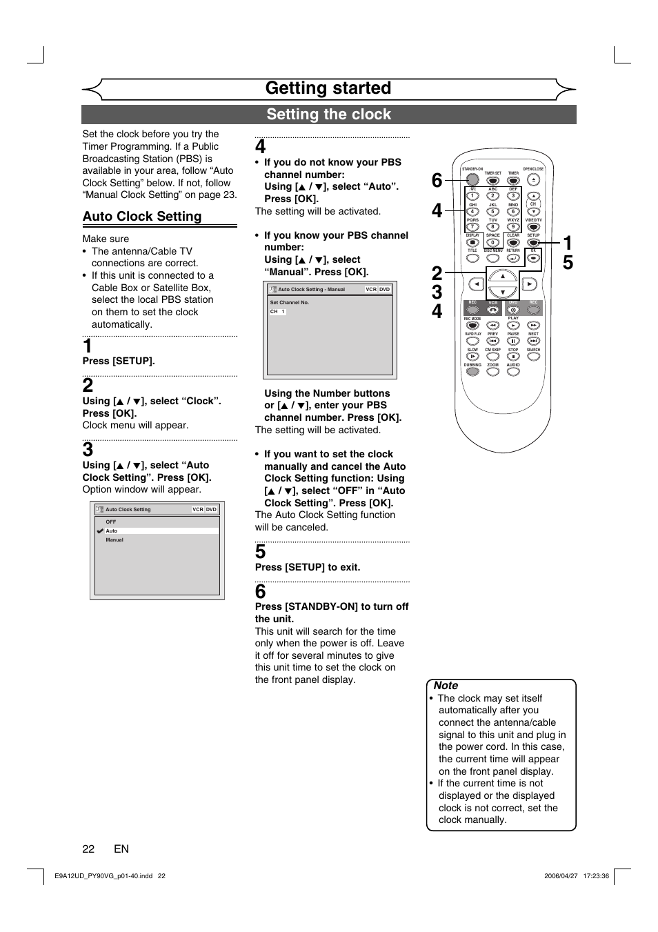 Getting started, Setting the clock, Auto clock setting | 22 en | FUNAI PY90VG User Manual | Page 22 / 90
