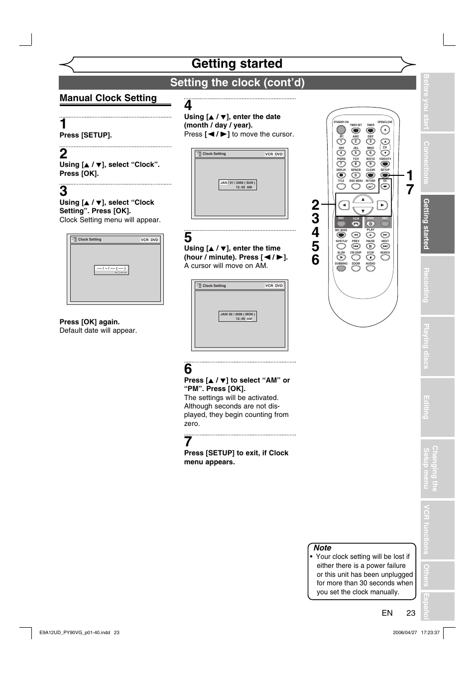 Getting started, Setting the clock (cont’d), Manual clock setting | FUNAI PY90VG User Manual | Page 23 / 90