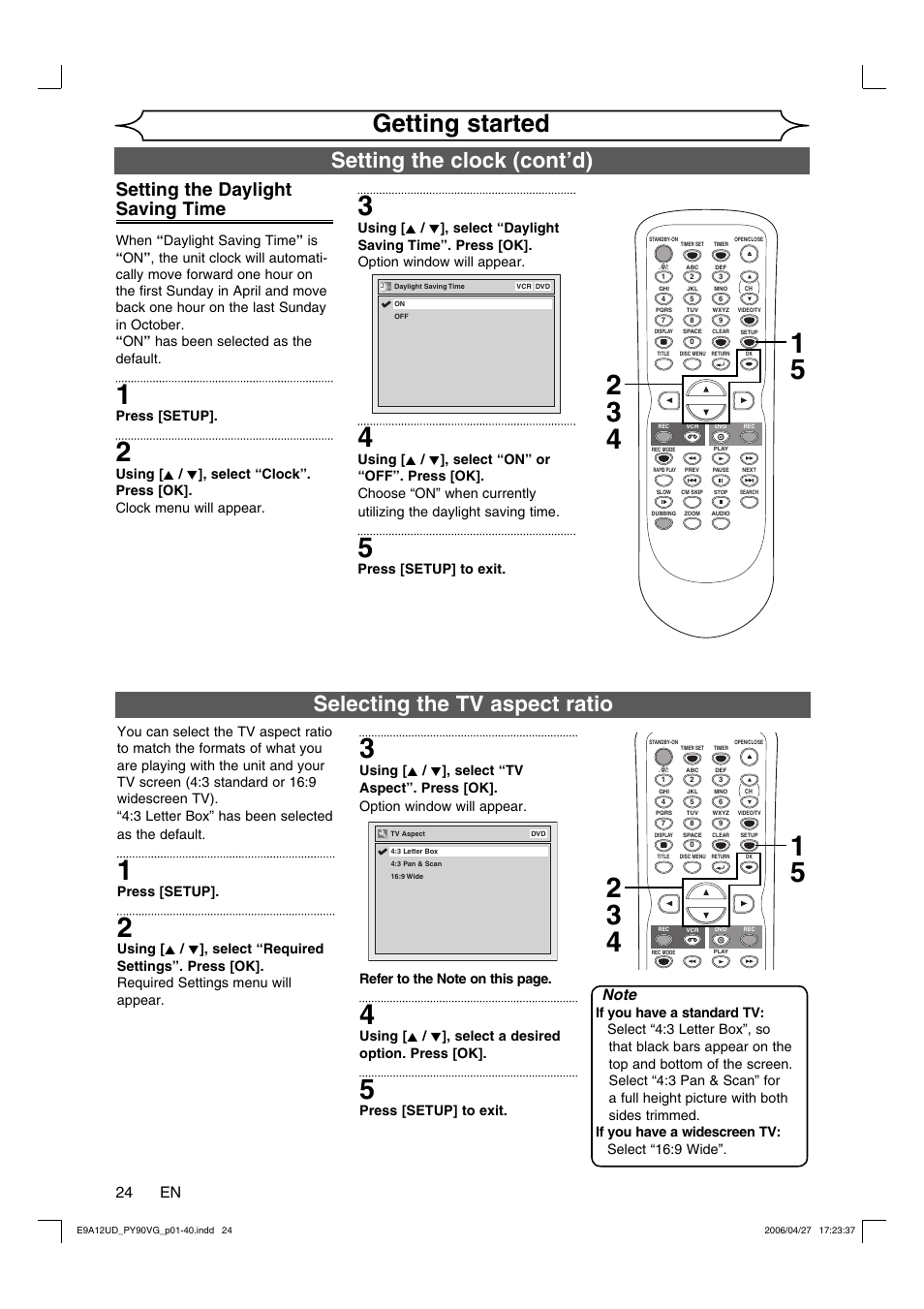 Getting started, Setting the clock (cont’d), Selecting the tv aspect ratio | Setting the daylight saving time, 24 en, Press [setup, Press [setup] to exit | FUNAI PY90VG User Manual | Page 24 / 90