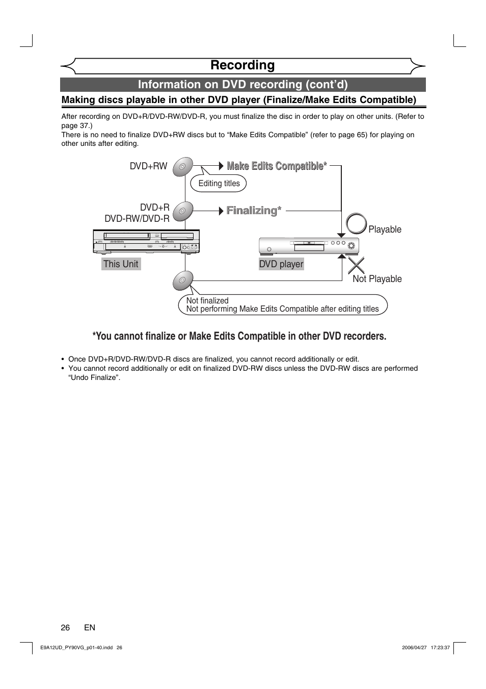 Recording, Information on dvd recording (cont’d), Finalizing | FUNAI PY90VG User Manual | Page 26 / 90
