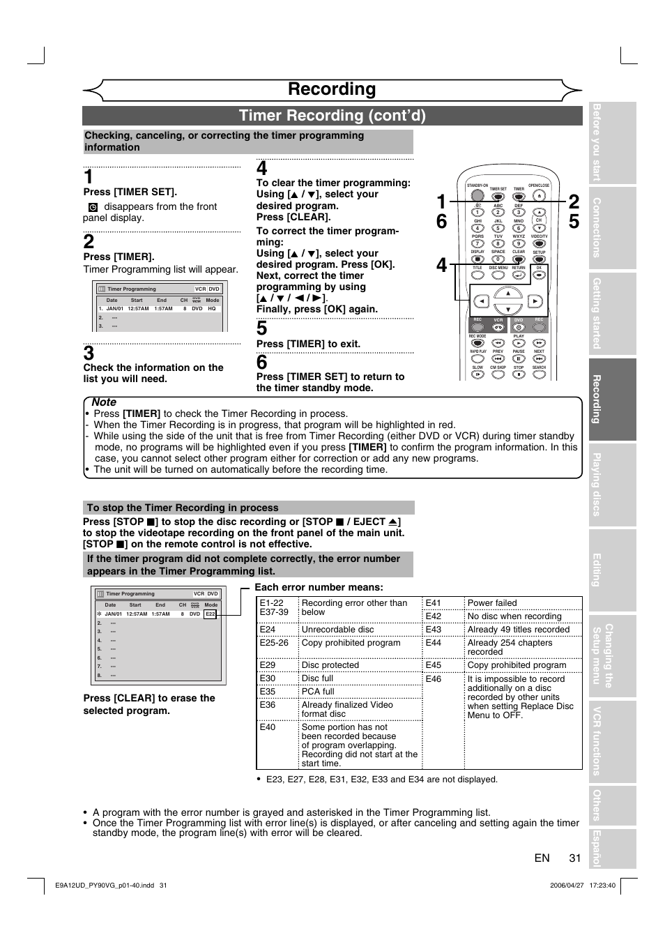 Recording, Timer recording (cont’d) | FUNAI PY90VG User Manual | Page 31 / 90