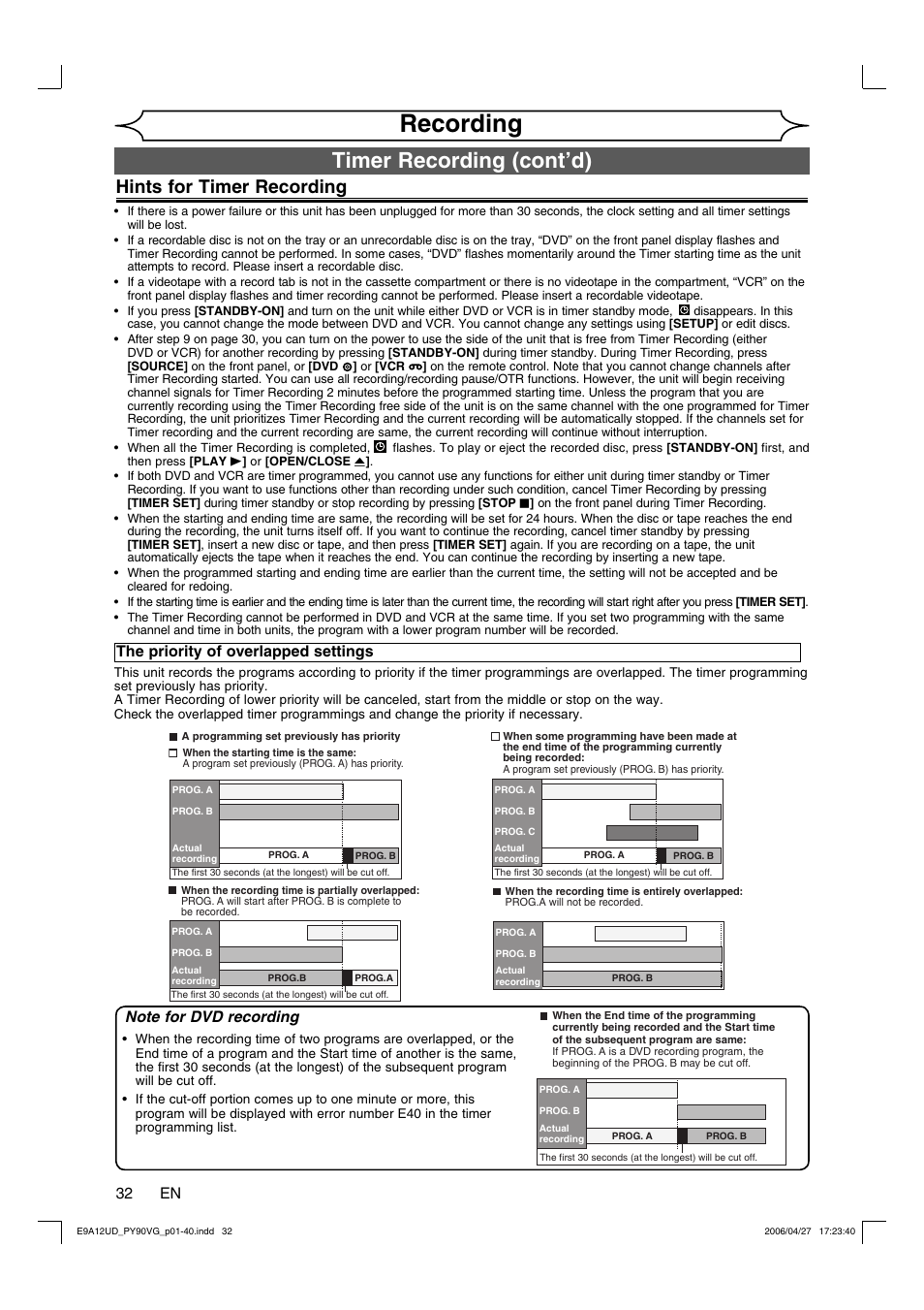 Recording, Timer recording (cont’d), Hints for timer recording | 32 en, The priority of overlapped settings | FUNAI PY90VG User Manual | Page 32 / 90