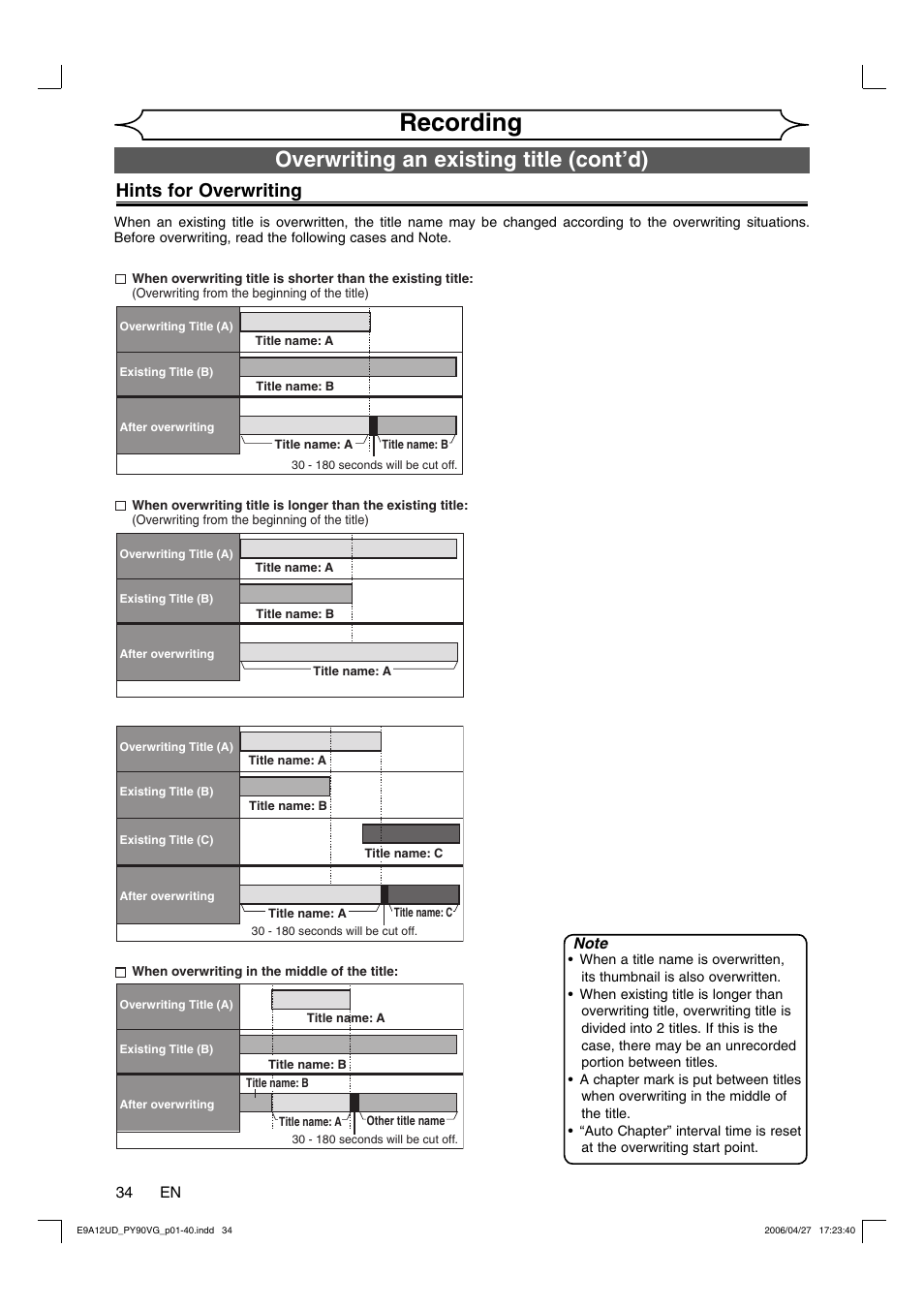 Recording, Overwriting an existing title (cont’d), Hints for overwriting | FUNAI PY90VG User Manual | Page 34 / 90