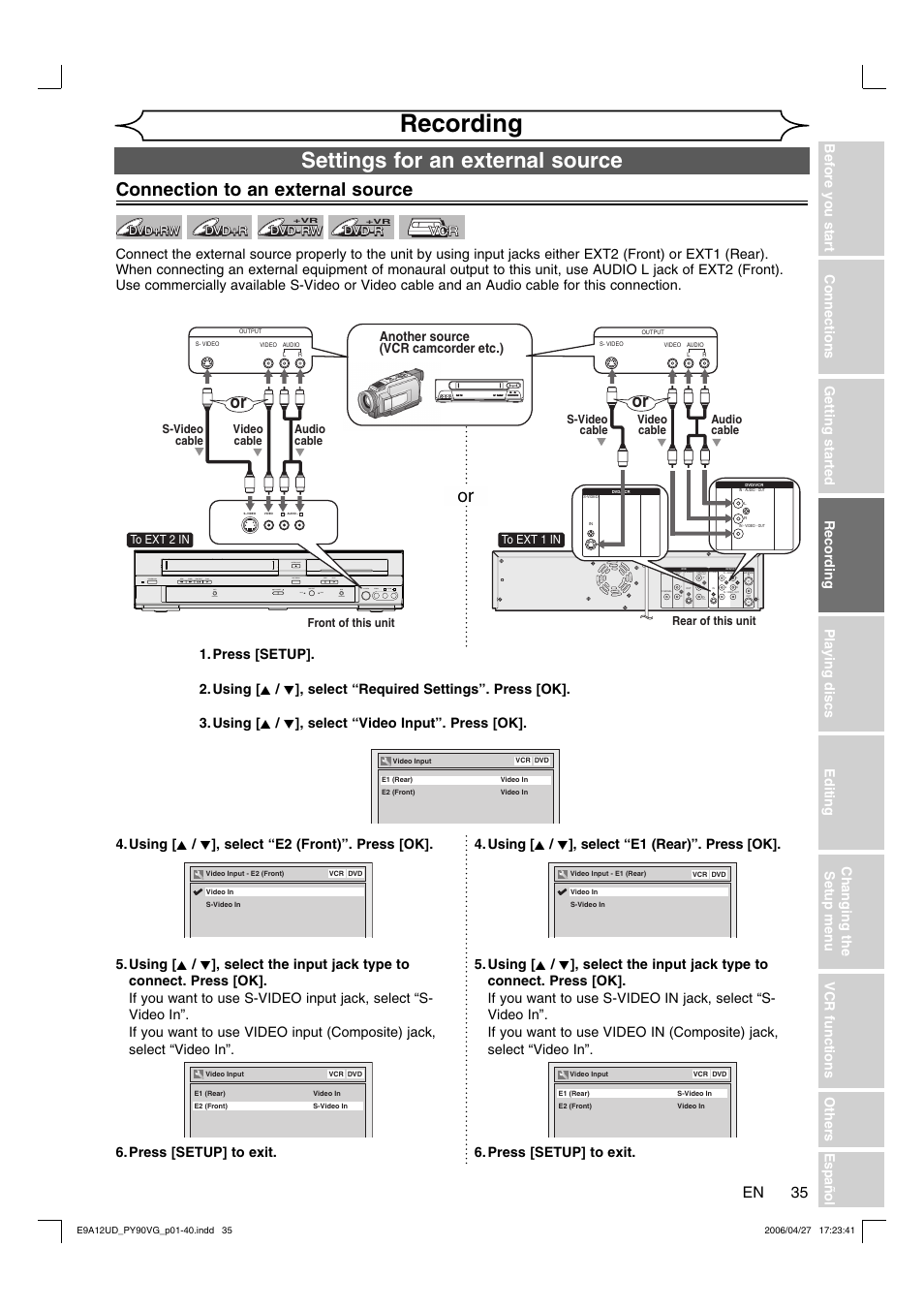 Recording, Settings for an external source, Connection to an external source | Component video out, Another source (vcr camcorder etc.) | FUNAI PY90VG User Manual | Page 35 / 90