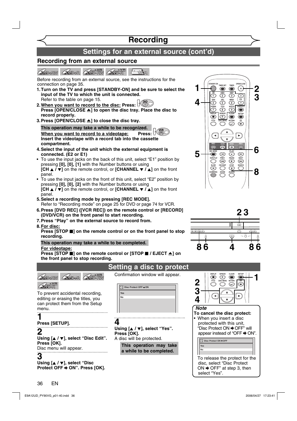 Recording, Setting a disc to protect, Settings for an external source (cont’d) | Recording from an external source, 36 en | FUNAI PY90VG User Manual | Page 36 / 90