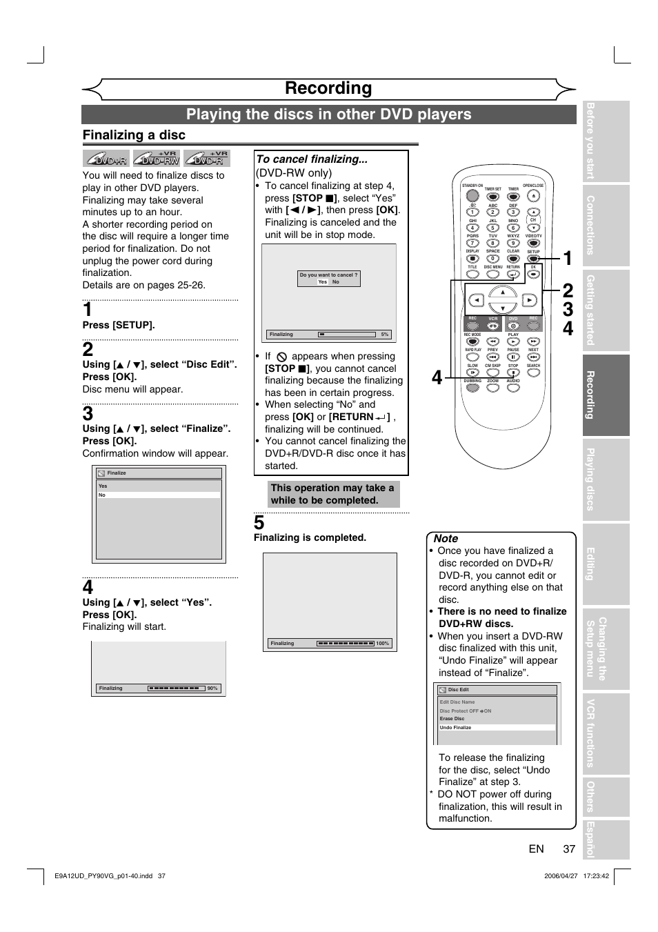 Recording, Playing the discs in other dvd players, Finalizing a disc | FUNAI PY90VG User Manual | Page 37 / 90