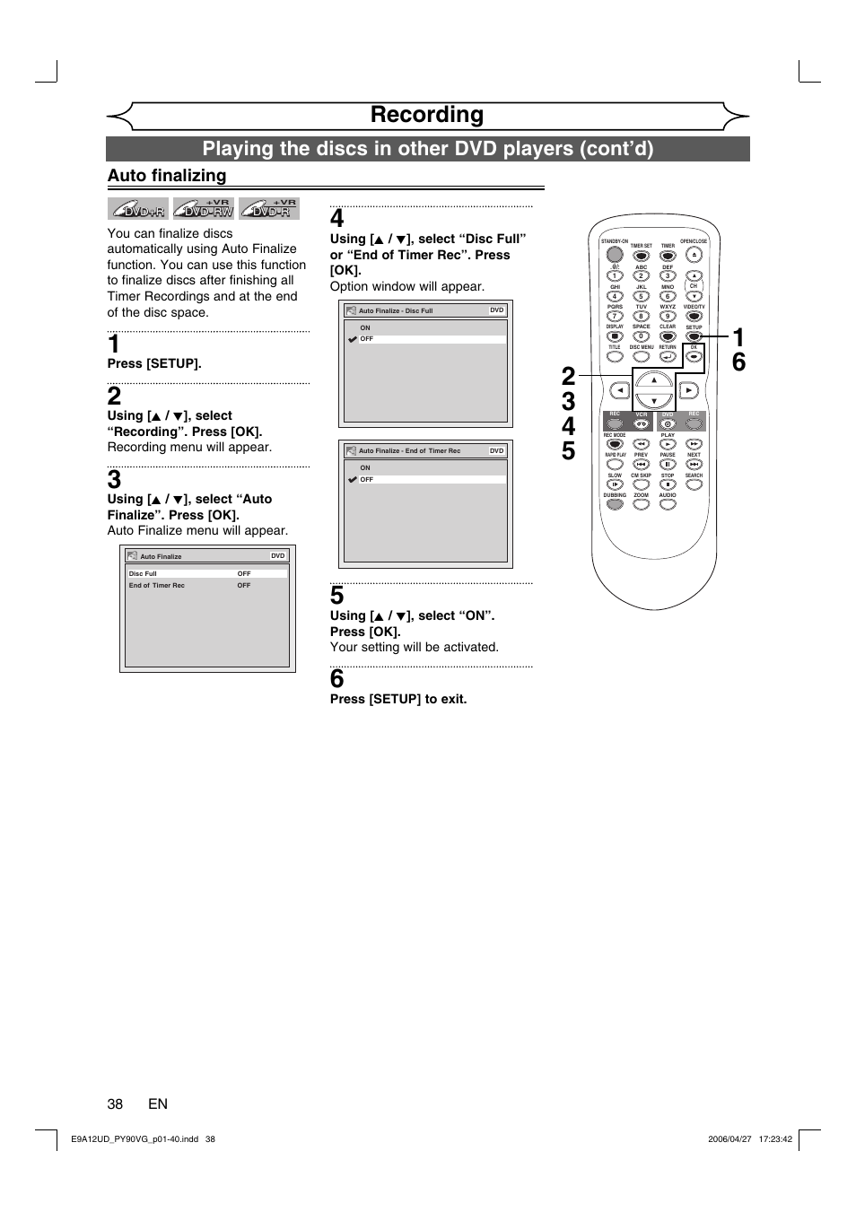 Recording, Playing the discs in other dvd players (cont’d), Auto finalizing | 38 en, Press [setup, Press [setup] to exit | FUNAI PY90VG User Manual | Page 38 / 90