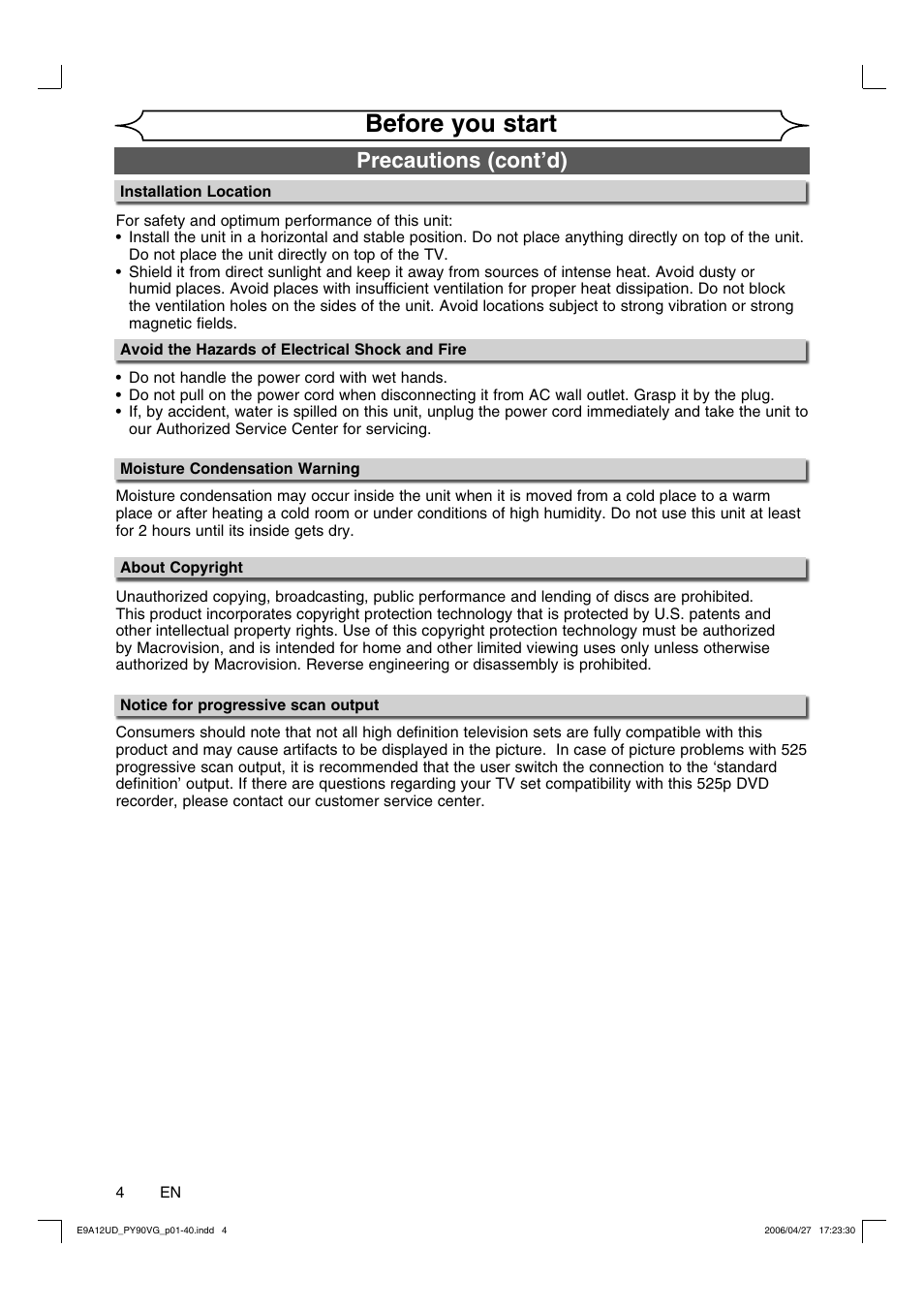 Before you start, Precautions (cont’d) | FUNAI PY90VG User Manual | Page 4 / 90