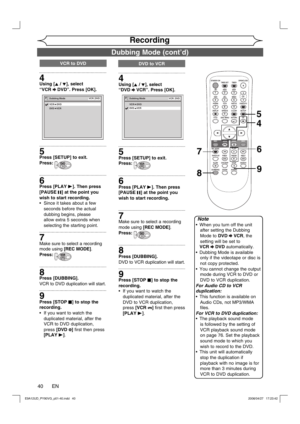 Recording, 40 en | FUNAI PY90VG User Manual | Page 40 / 90