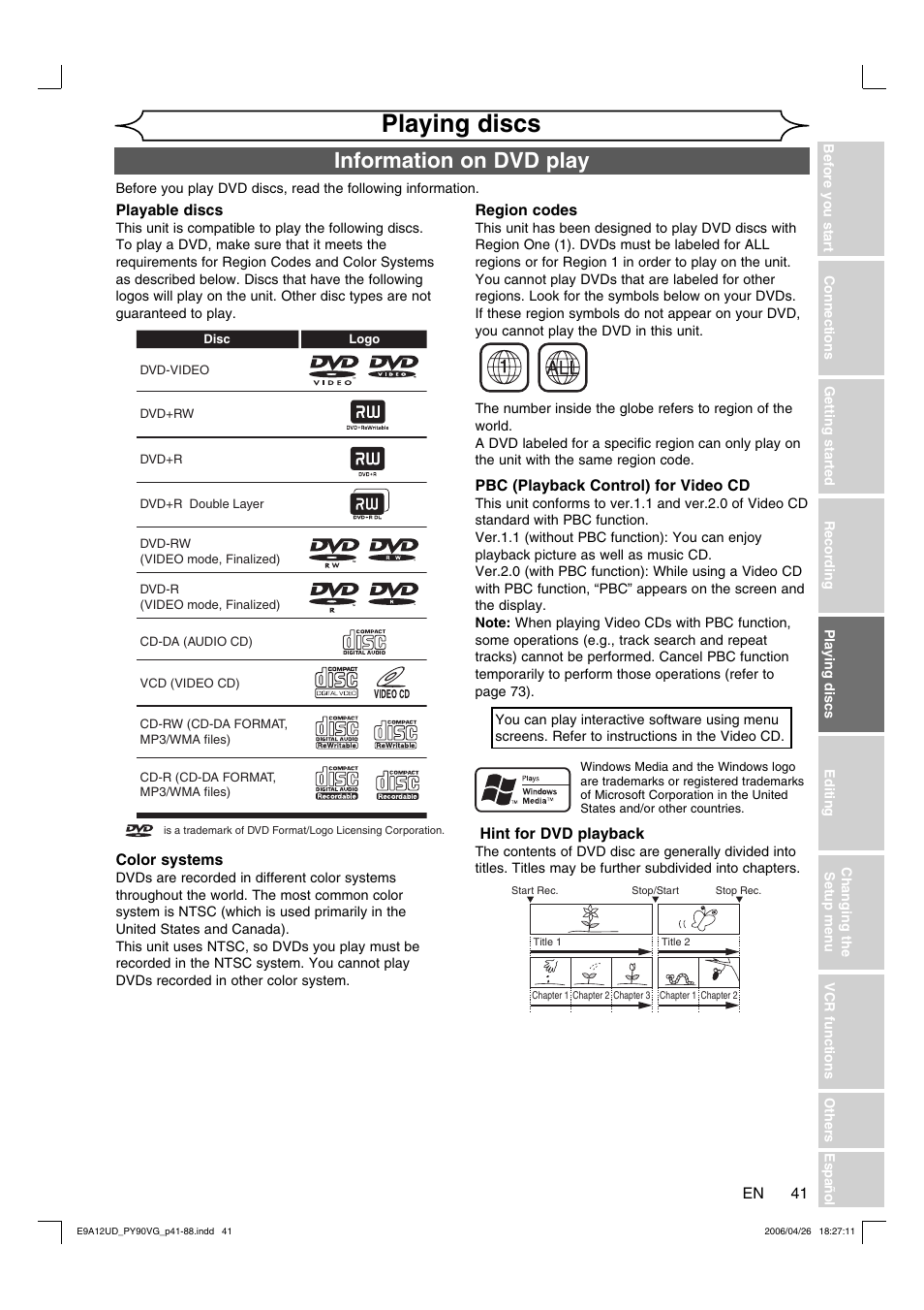 E9a12ud_py90vg_v1-2.pdf, Playing discs, Information on dvd play | FUNAI PY90VG User Manual | Page 41 / 90