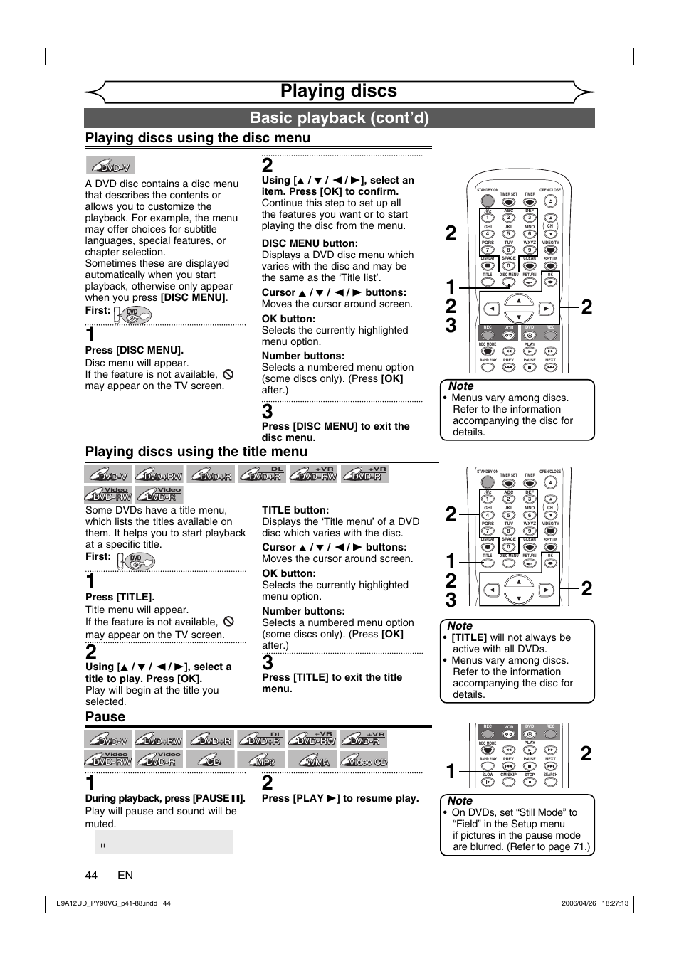 Playing discs, Basic playback (cont’d), Playing discs using the disc menu | Playing discs using the title menu pause, 44 en | FUNAI PY90VG User Manual | Page 44 / 90