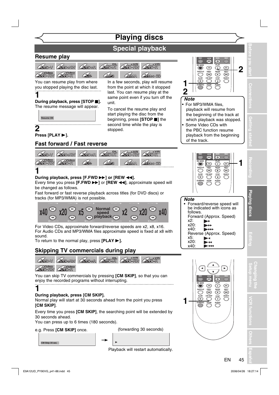 Playing discs, Special playback, Resume play | Fast forward / fast reverse, Skipping tv commercials during play | FUNAI PY90VG User Manual | Page 45 / 90