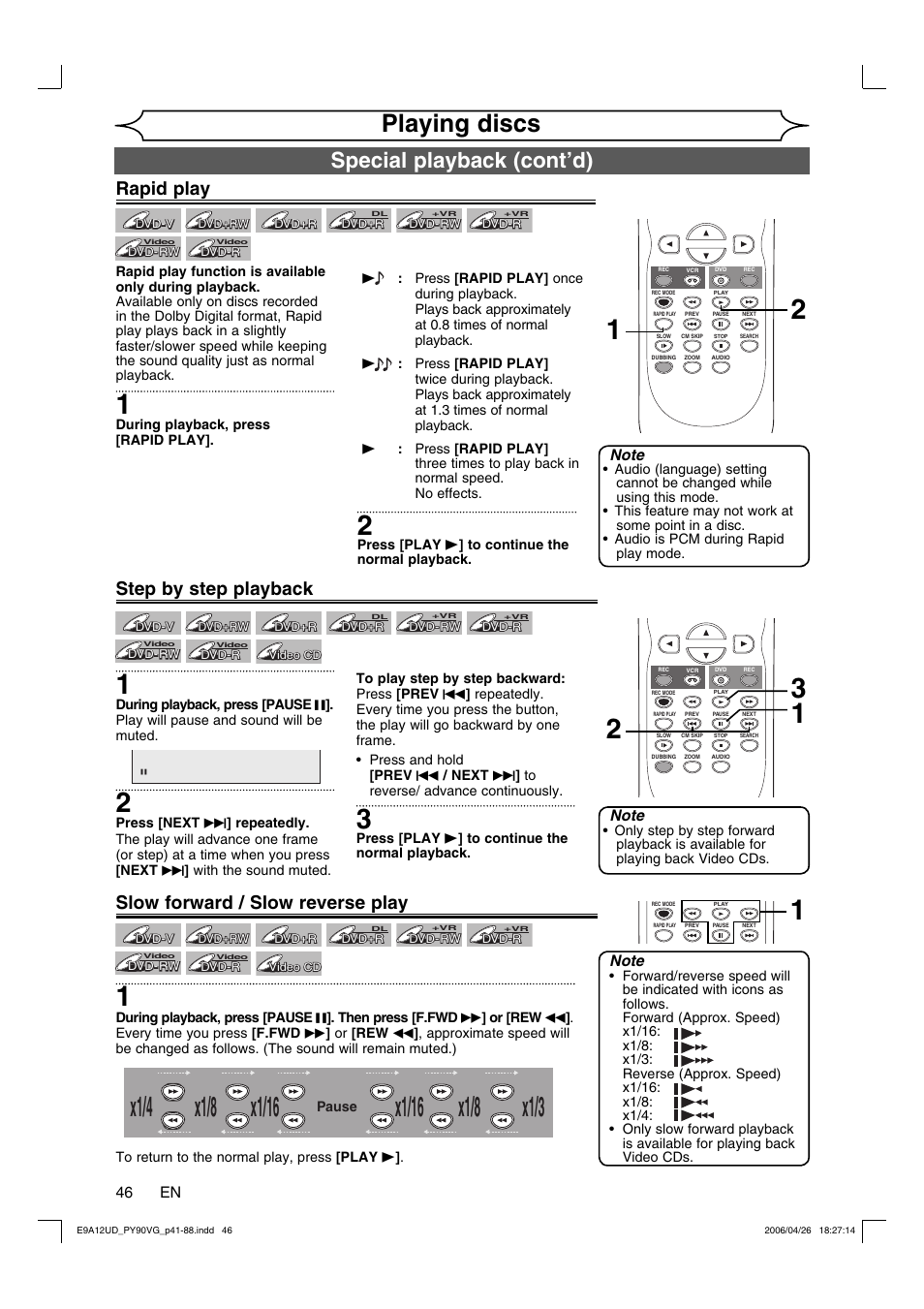 X1/8, Playing discs, Special playback (cont’d) | Step by step playback, Slow forward / slow reverse play, Rapid play, 46 en | FUNAI PY90VG User Manual | Page 46 / 90