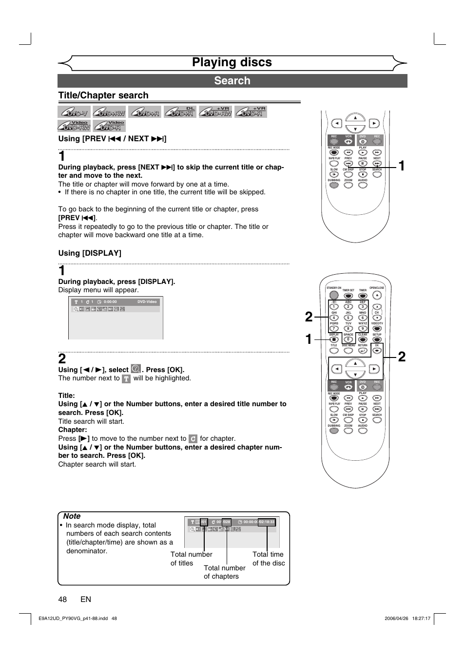 Playing discs, Search, Title/chapter search | 48 en, Using [prev h / next g, Using [display | FUNAI PY90VG User Manual | Page 48 / 90
