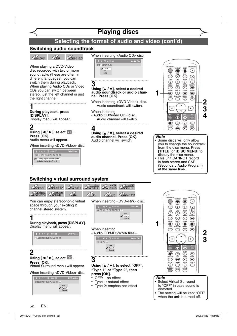 Playing discs, Selecting the format of audio and video (cont’d), Switching audio soundtrack | Switching virtual surround system, 52 en | FUNAI PY90VG User Manual | Page 52 / 90