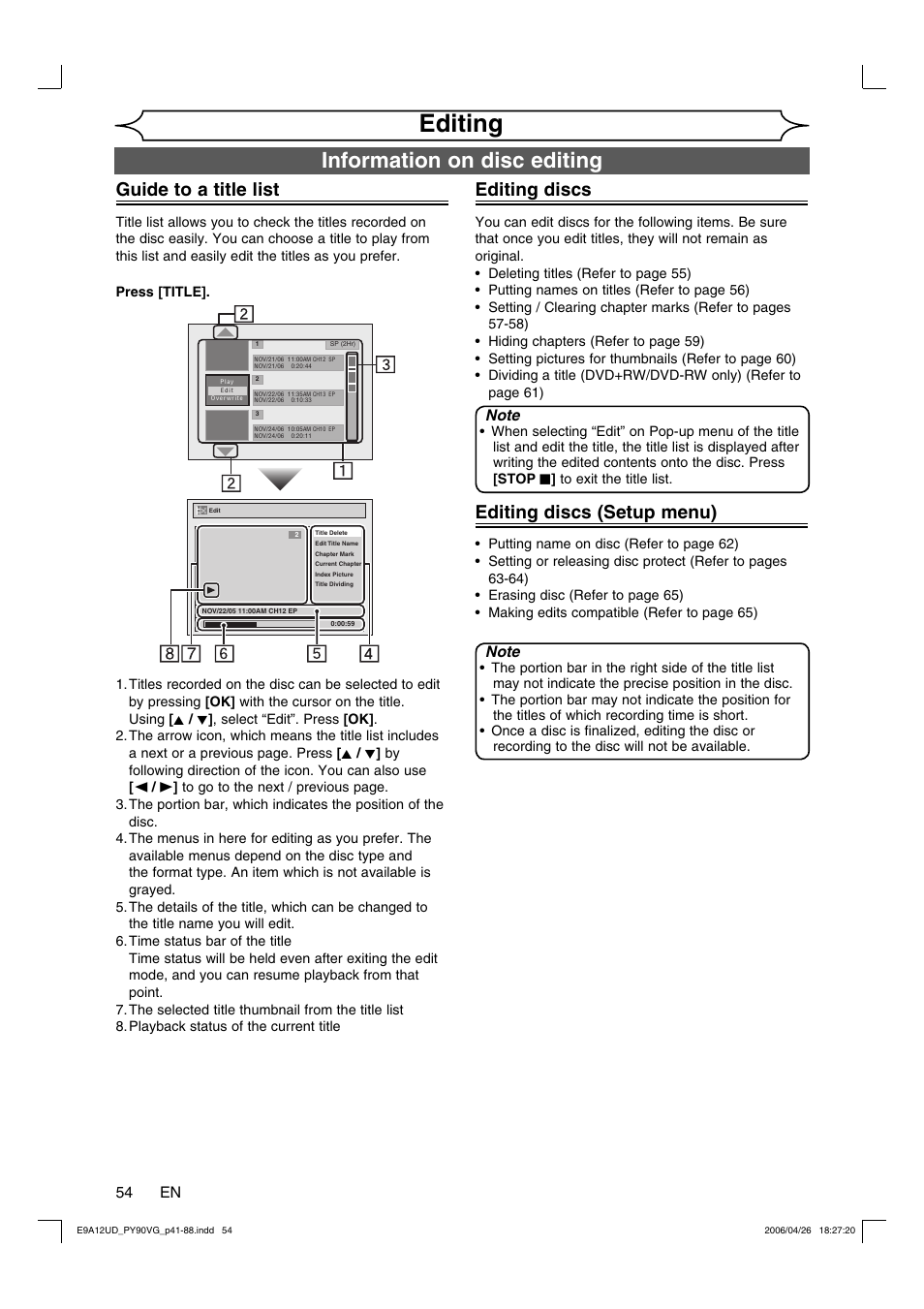 Editing, Information on disc editing, Guide to a title list | Editing discs, Editing discs (setup menu), 54 en | FUNAI PY90VG User Manual | Page 54 / 90
