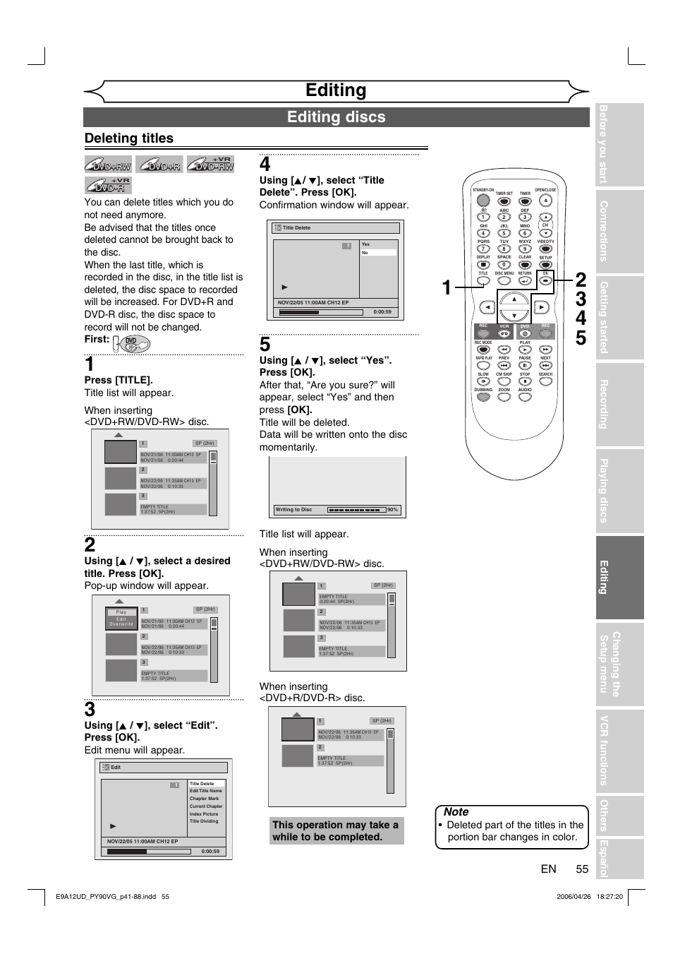 Editing, Editing discs, Deleting titles | This operation may take a while to be completed | FUNAI PY90VG User Manual | Page 55 / 90