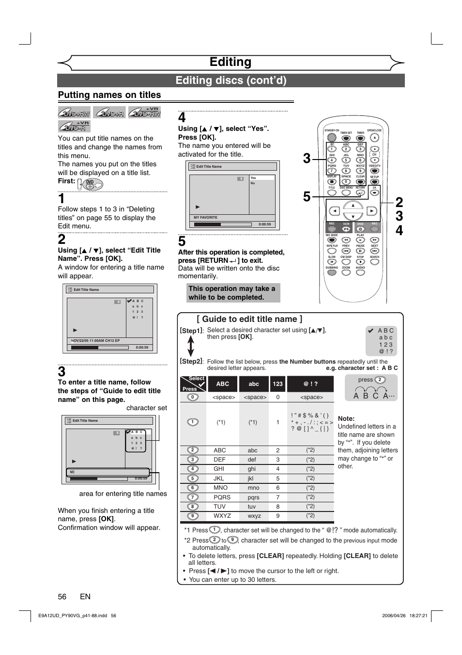 Editing, Editing discs (cont’d), Putting names on titles | Guide to edit title name, 56 en, A b c a | FUNAI PY90VG User Manual | Page 56 / 90